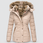 Women's Faux Fur Hooded Puffer Jacket with Detachable Trim in Beige — view 4