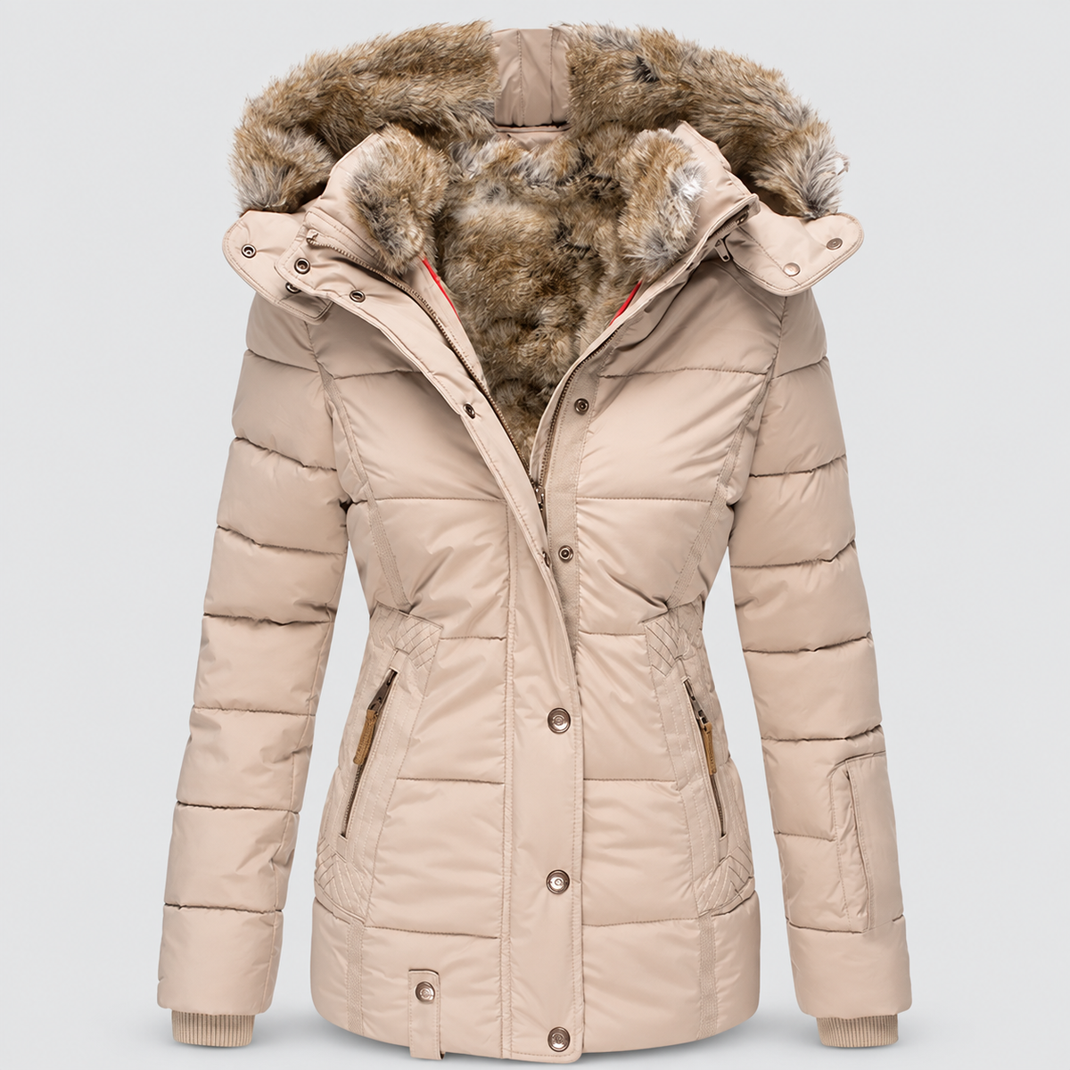 Women's Faux Fur Hooded Puffer Jacket with Detachable Trim in Beige — view 4