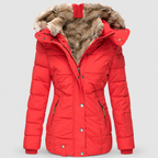 Women's Faux Fur Hooded Puffer Jacket with Detachable Trim in Red — view 5