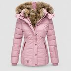 Women's Faux Fur Hooded Puffer Jacket with Detachable Trim in Pink — view 6