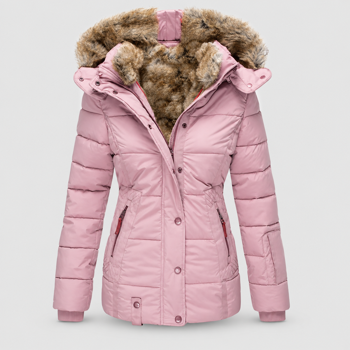 Women's Faux Fur Hooded Puffer Jacket with Detachable Trim in Pink — view 6