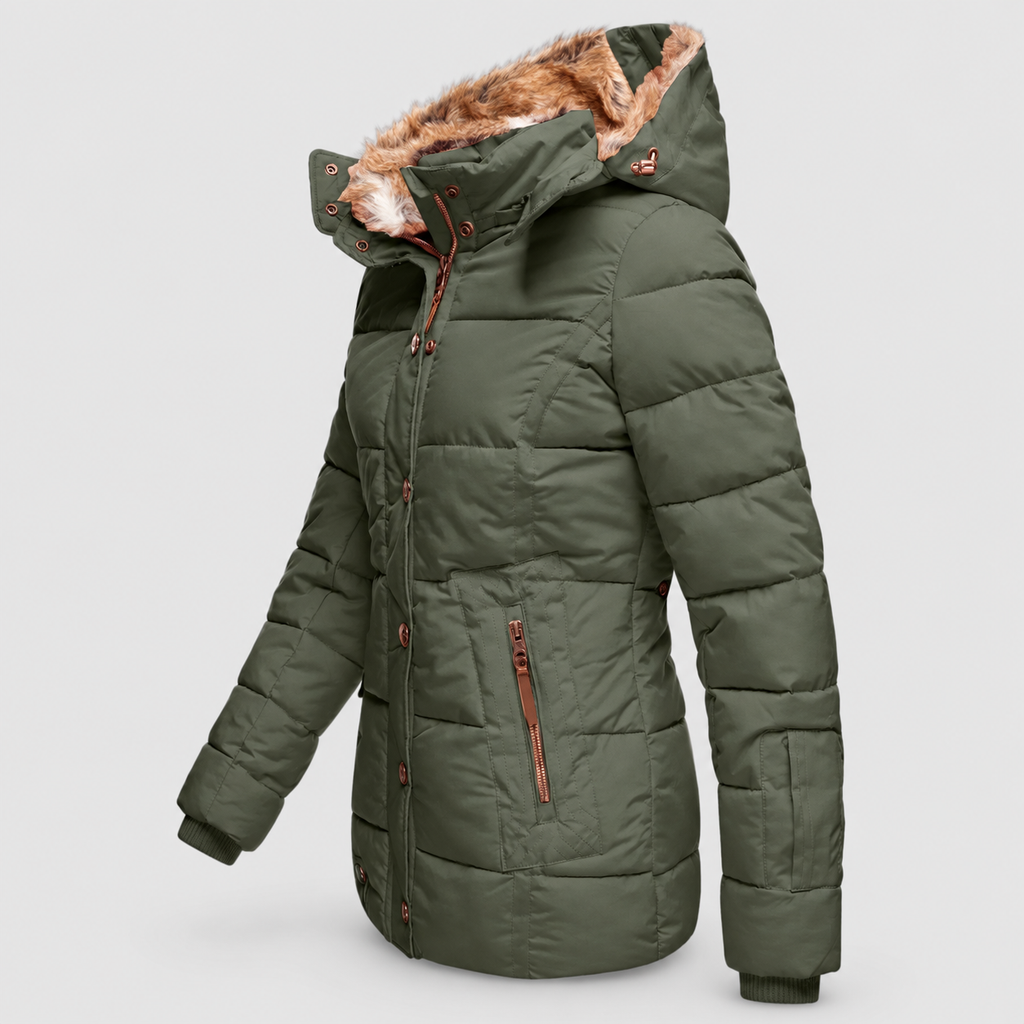 Women's Faux Fur Hooded Puffer Jacket with Detachable Trim — view 7