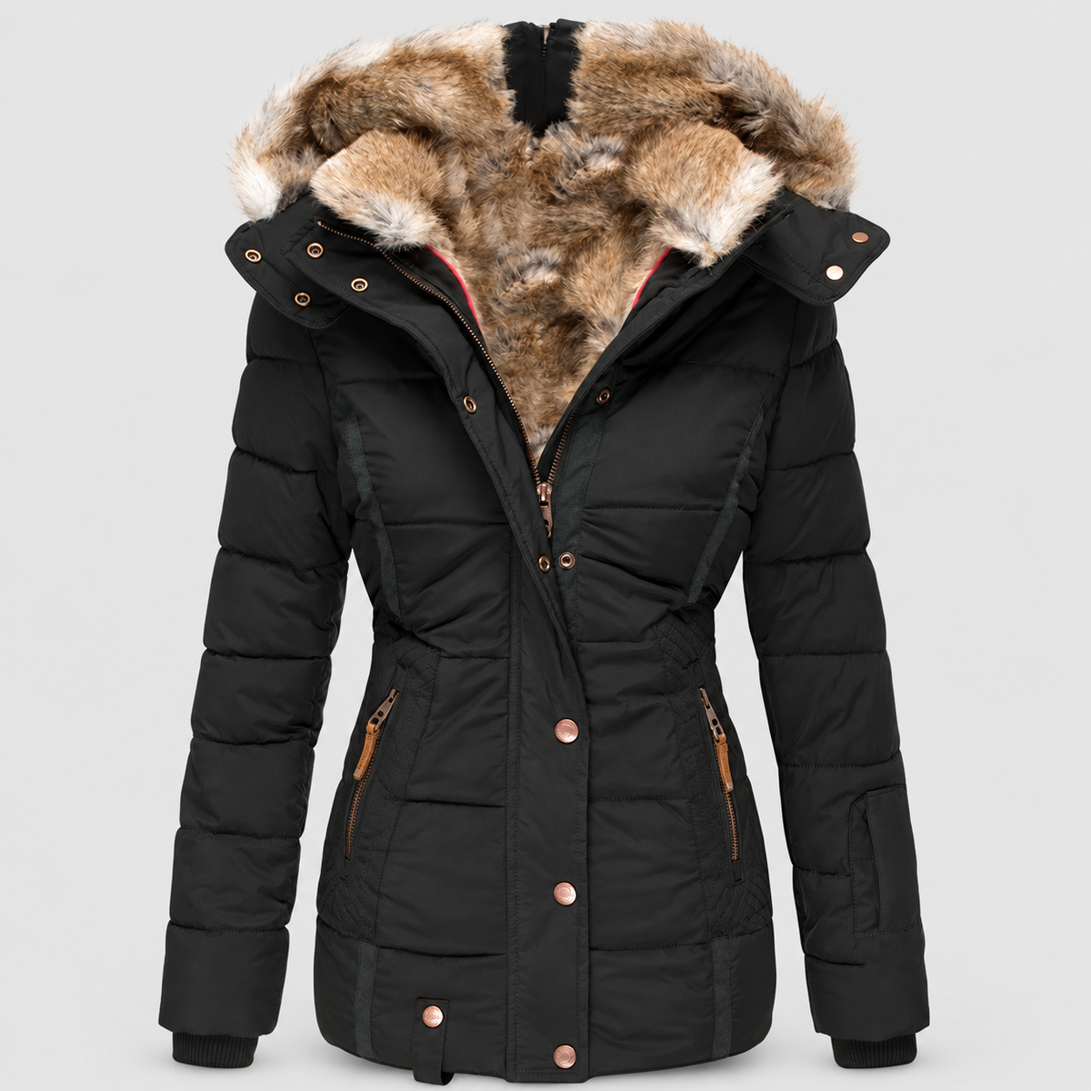 Women's Faux Fur Hooded Puffer Jacket with Detachable Trim — view 10