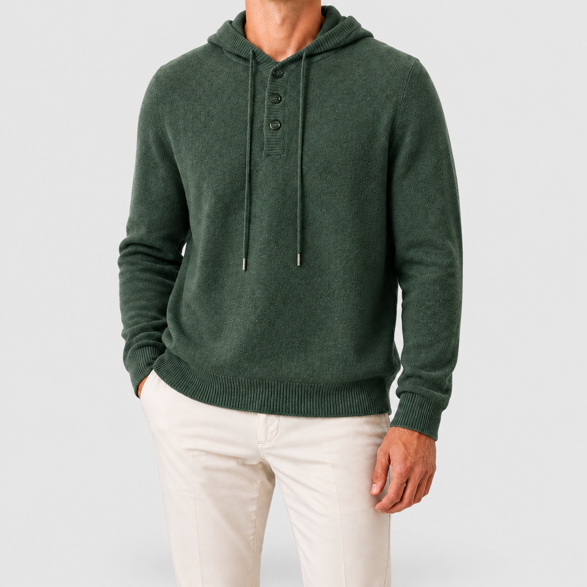 Men's Hooded Knit Jumper with Button Neck in Green — view 3