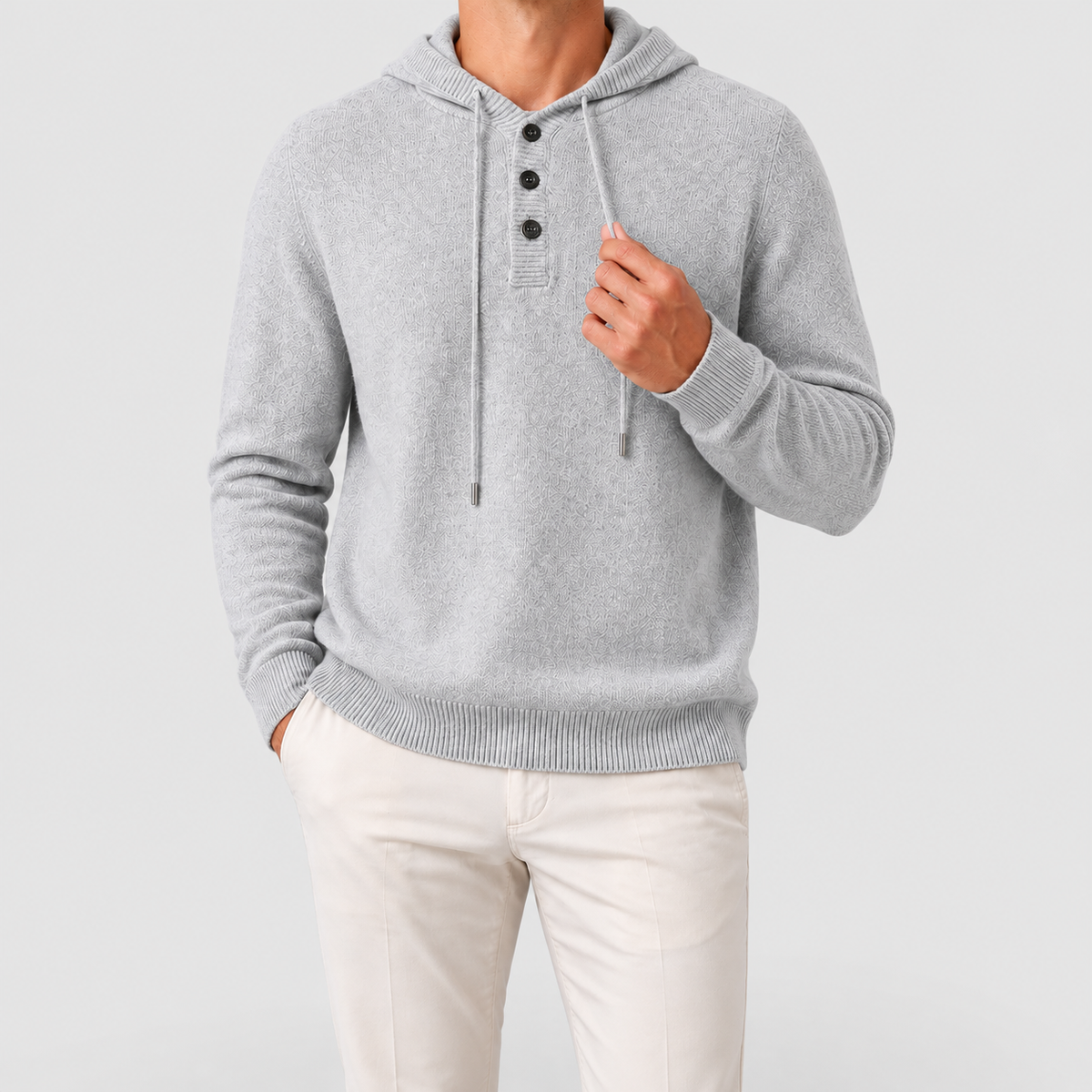 Men's Hooded Knit Jumper with Button Neck in Light Grey — view 5