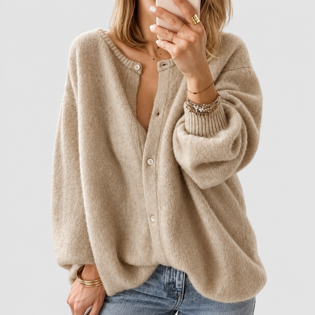 Women's Oversized Fluffy Knit Button-Front Cardigan in Taupe — view 1