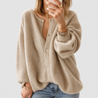 Women's Oversized Fluffy Knit Button-Front Cardigan in Taupe — view 1