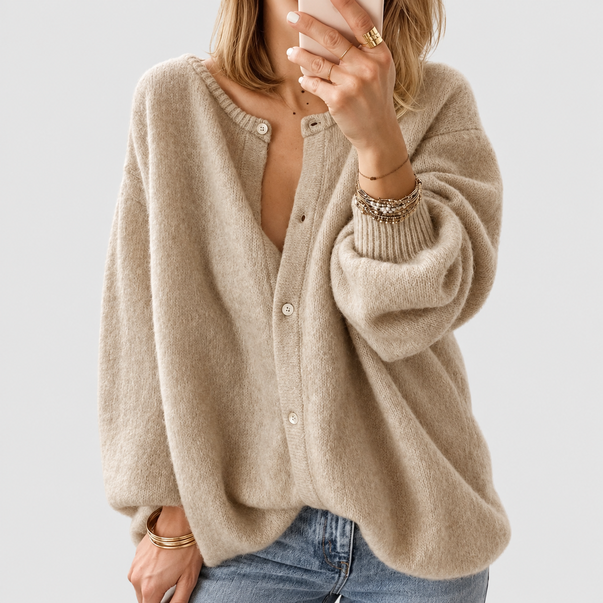 Women's Oversized Fluffy Knit Button-Front Cardigan in Taupe — view 1