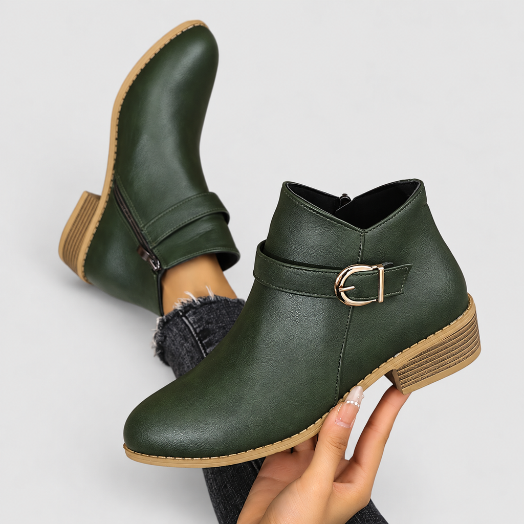 Women's Buckle-Strap Ankle Boots with Low Block Heel — view 1