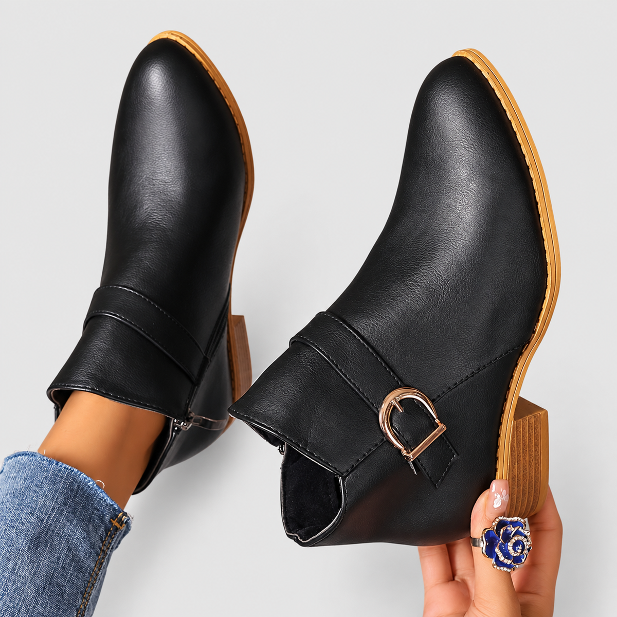 Women's Buckle-Strap Ankle Boots with Low Block Heel — view 2