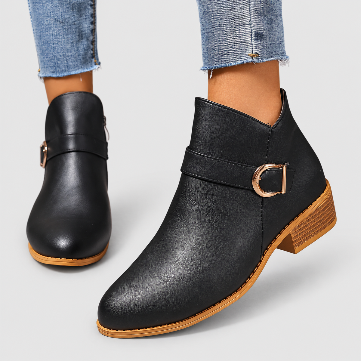 Women's Buckle-Strap Ankle Boots with Low Block Heel — view 6