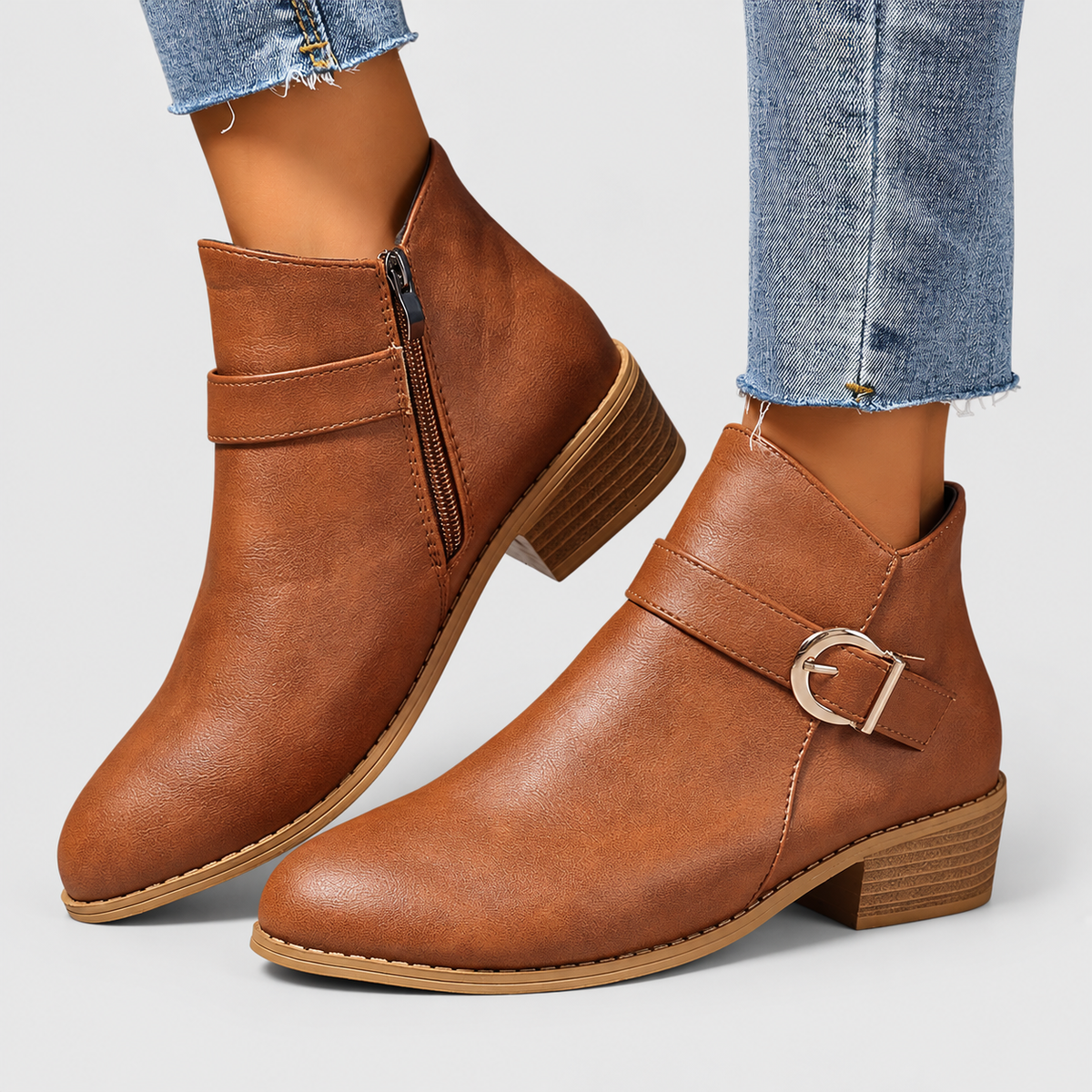 Women's Buckle-Strap Ankle Boots with Low Block Heel in Brown — view 8