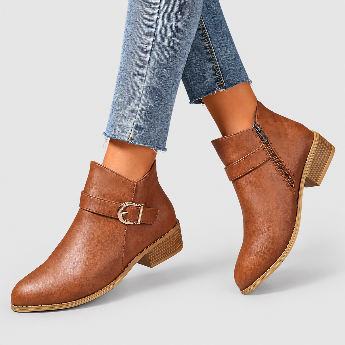 Women's Buckle-Strap Ankle Boots with Low Block Heel — view 9