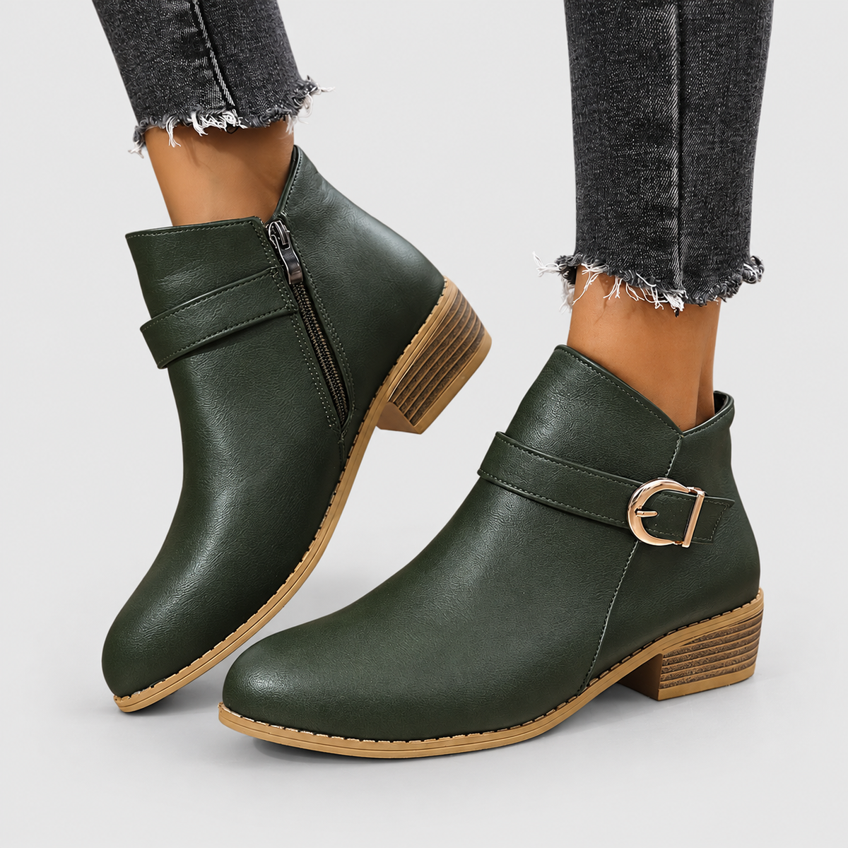 Women's Buckle-Strap Ankle Boots with Low Block Heel in Green — view 10