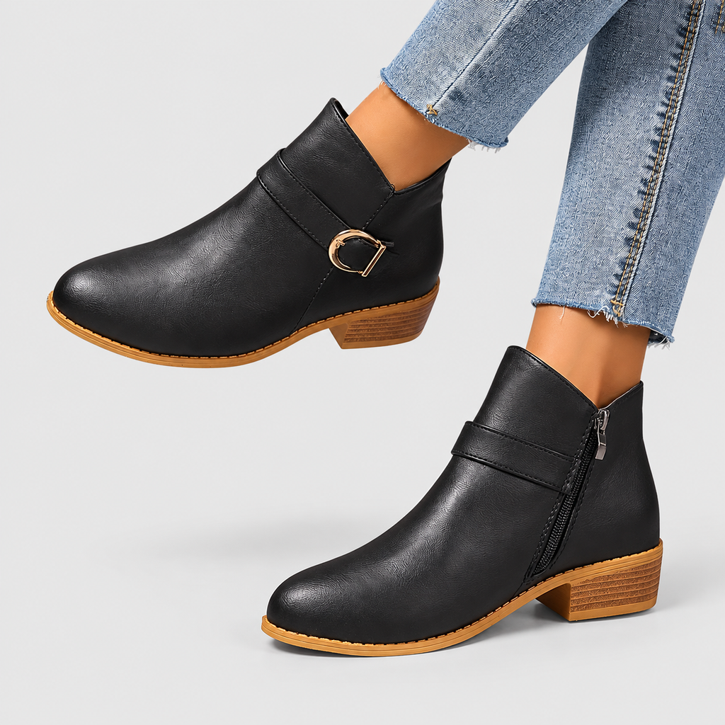 Women's Buckle-Strap Ankle Boots with Low Block Heel in Black — view 11