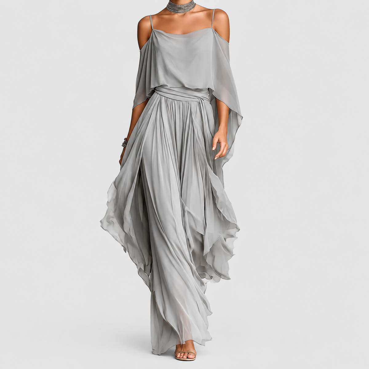 Women's Off-Shoulder Chiffon Two-Piece Set in Grey — view 1
