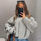 Glenna | Women's Check Bomber Jacket with Zip and Ribbed Trim
