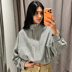 Glenna | Women's Check Bomber Jacket with Zip and Ribbed Trim