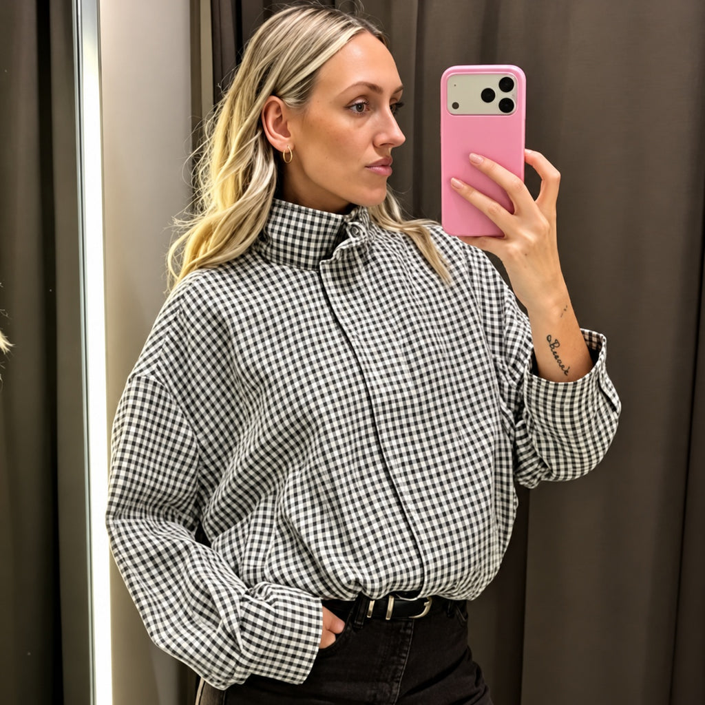 Glenna | Women's Check Bomber Jacket with Zip and Ribbed Trim