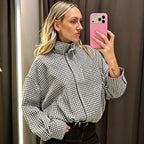Glenna | Women's Check Bomber Jacket with Zip and Ribbed Trim