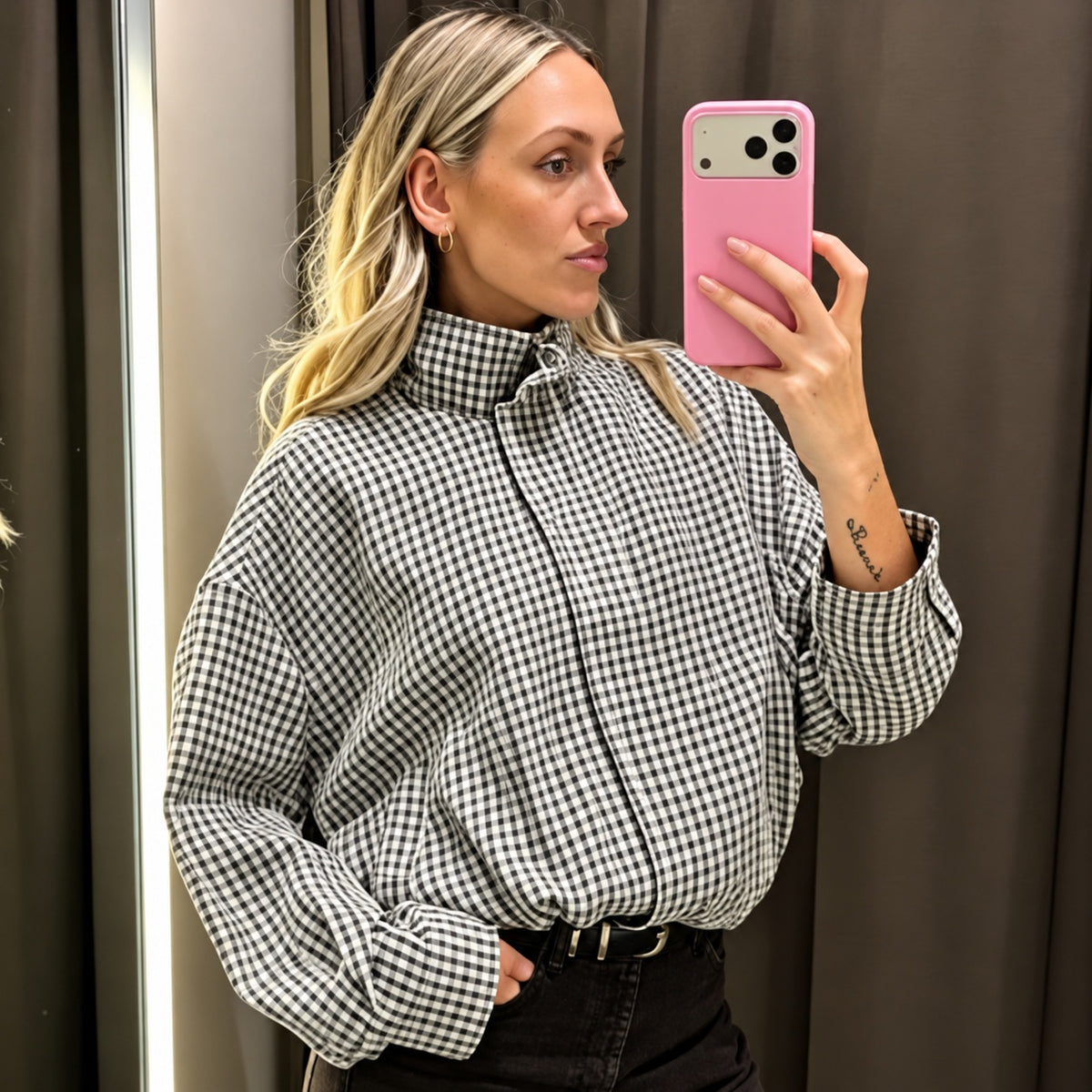 Glenna | Women's Check Bomber Jacket with Zip and Ribbed Trim