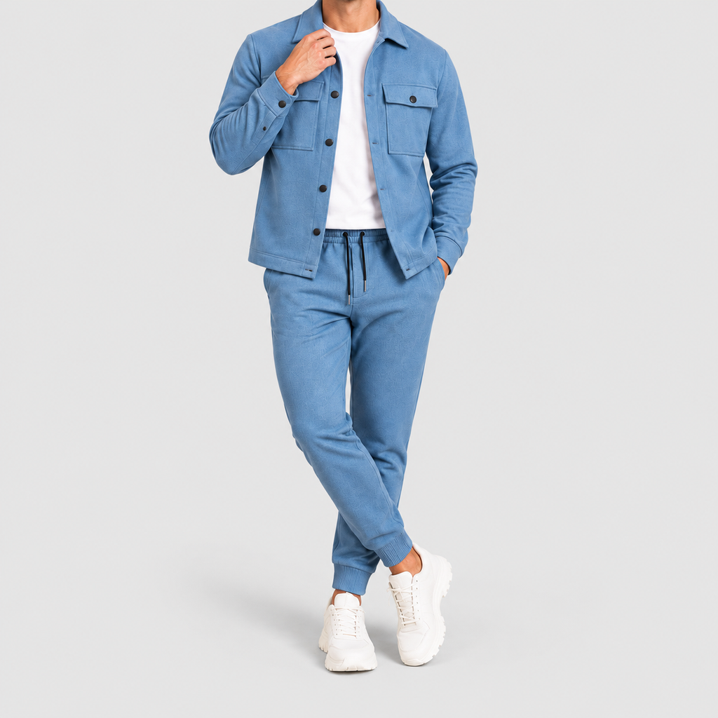 Men's Two-Piece Shacket and Jogger Set in Blue — view 1