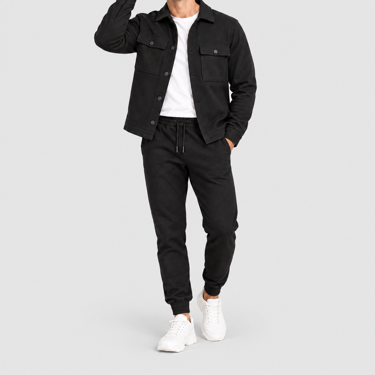 Men's Two-Piece Shacket and Jogger Set in Black — view 4