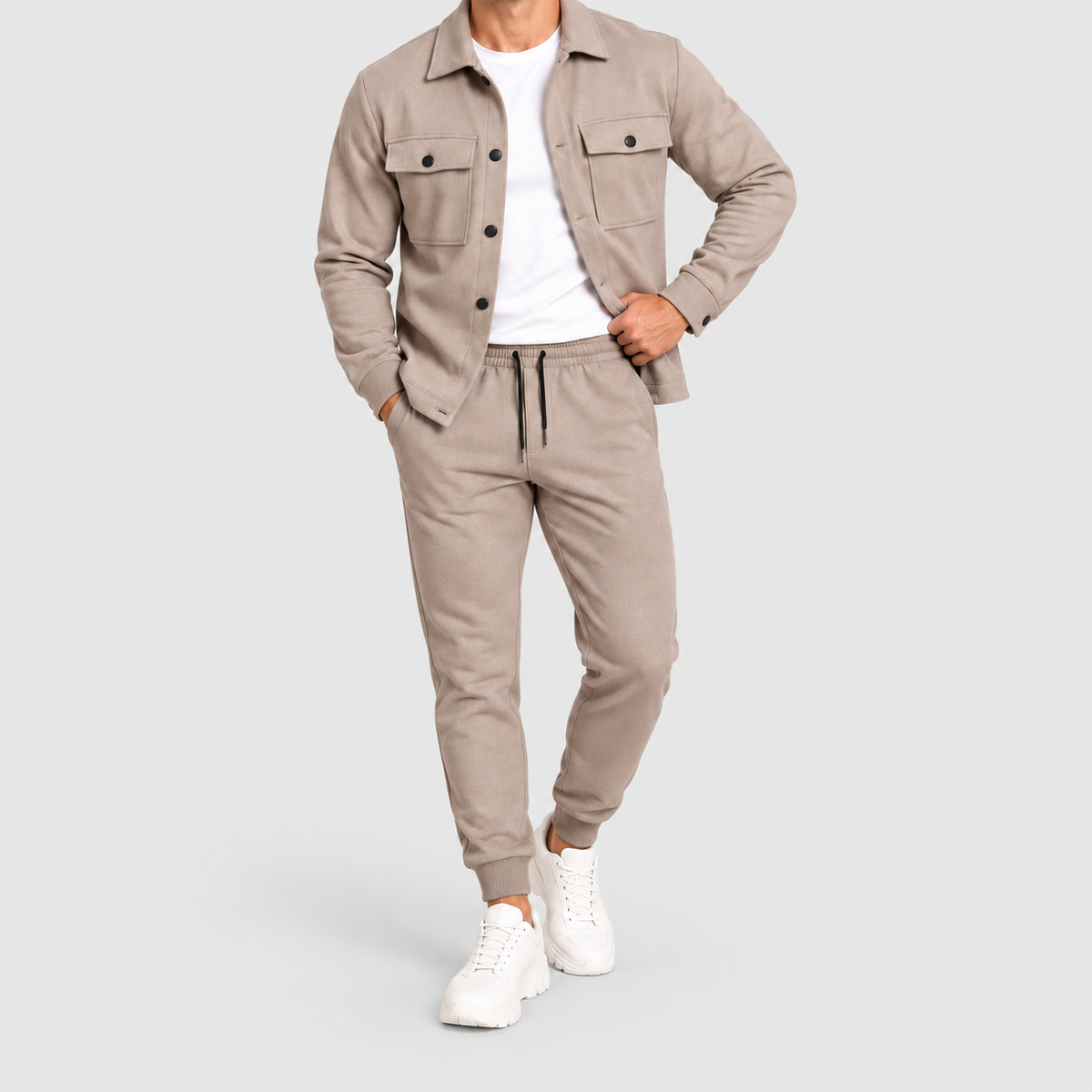 Men's Two-Piece Shacket and Jogger Set in Beige — view 6