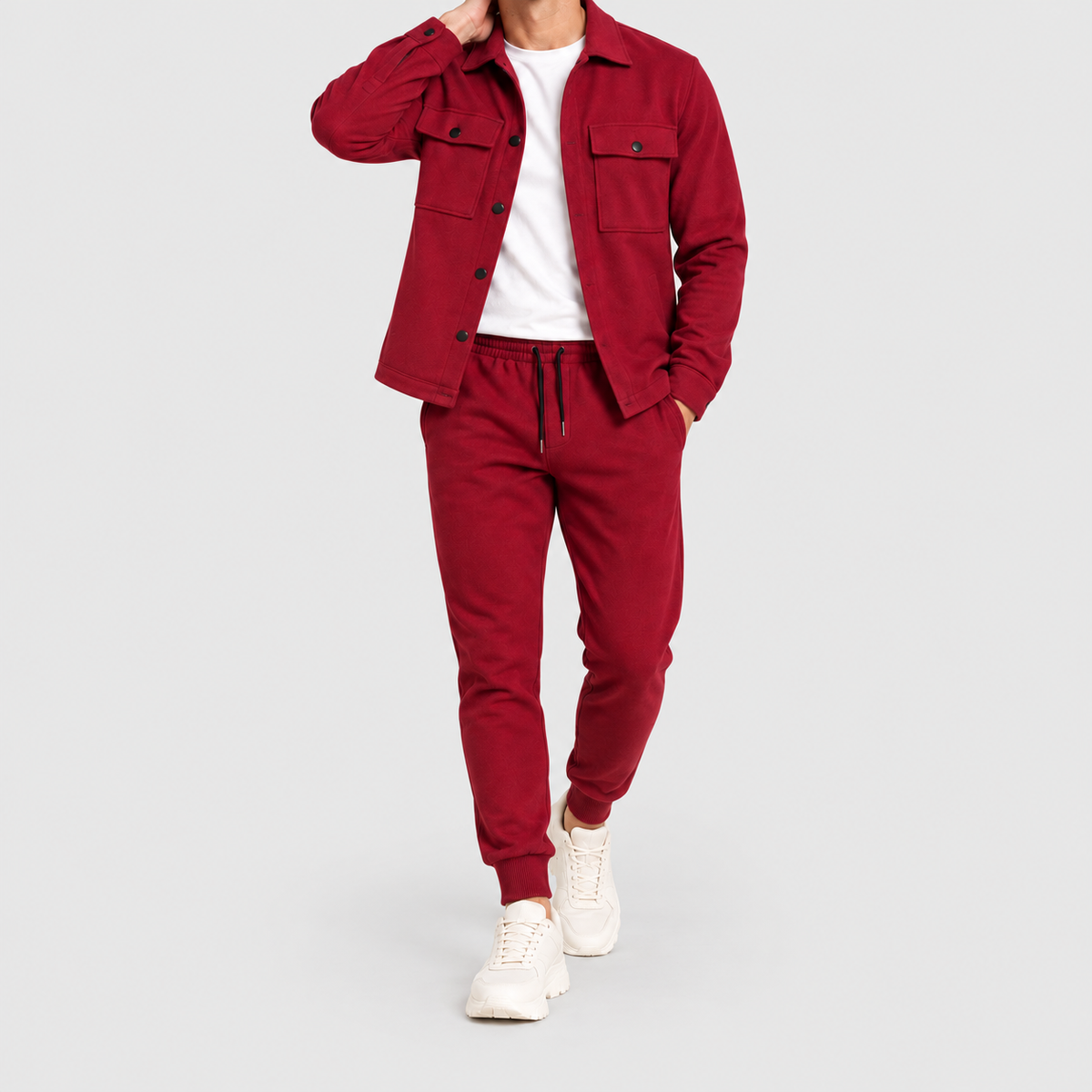 Men's Two-Piece Shacket and Jogger Set in Red — view 7