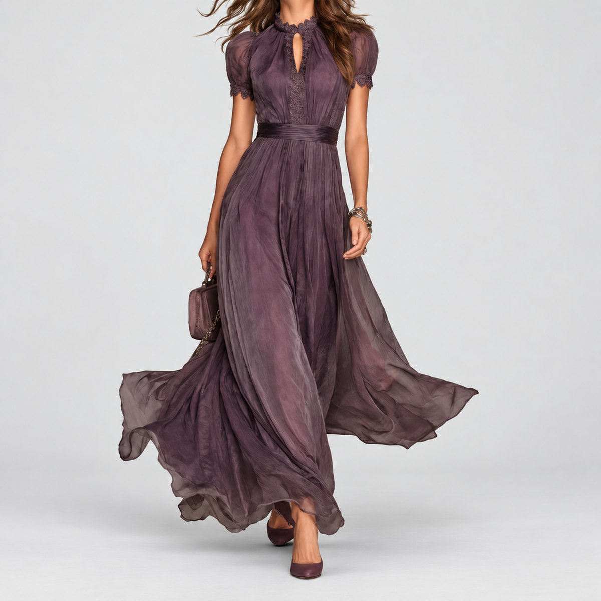 Women's Long Purple Dress with Keyhole Neckline and Lace Trim in Purple — view 1