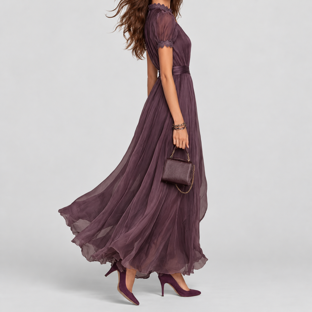 Women's Long Purple Dress with Keyhole Neckline and Lace Trim — view 2