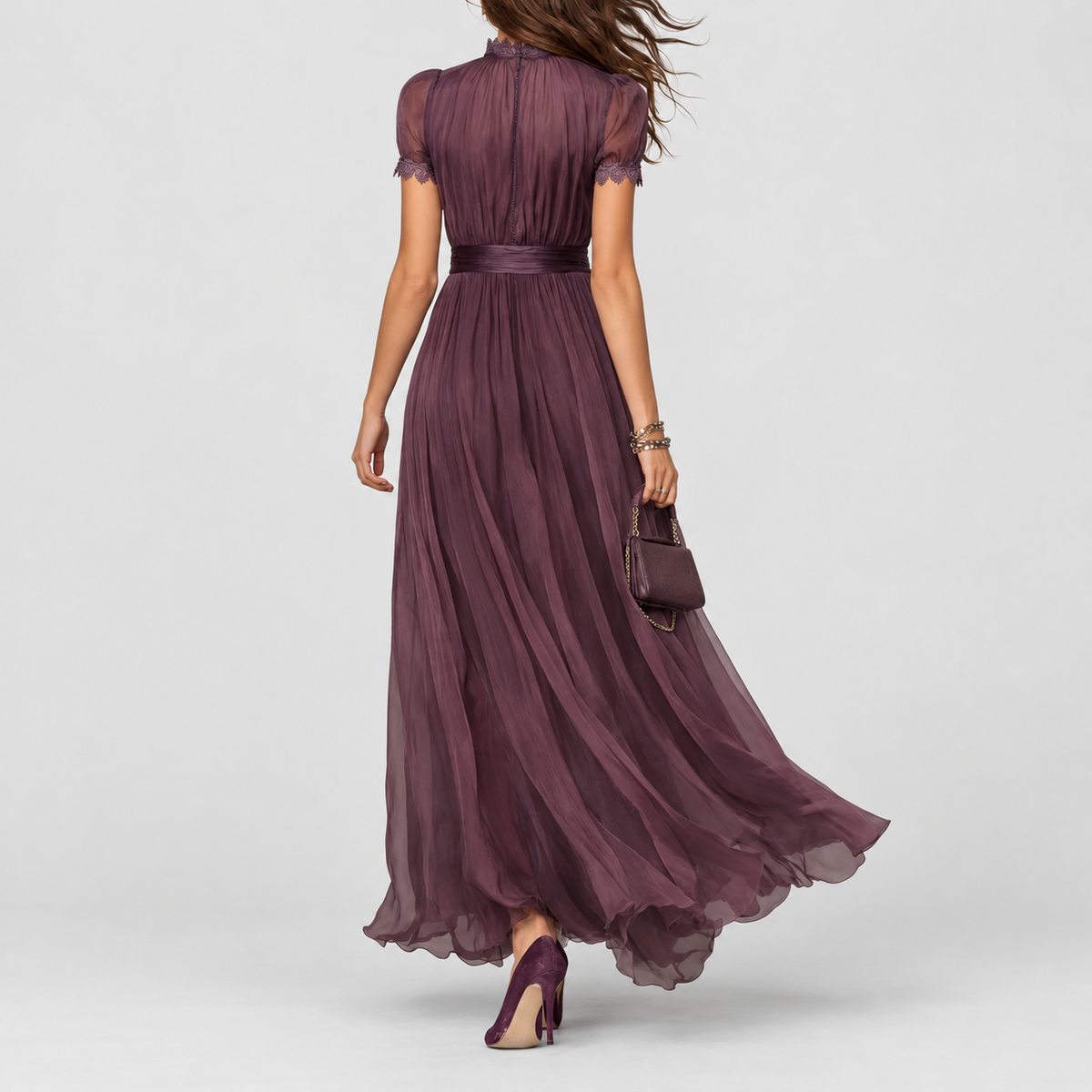 Women's Long Purple Dress with Keyhole Neckline and Lace Trim — view 3