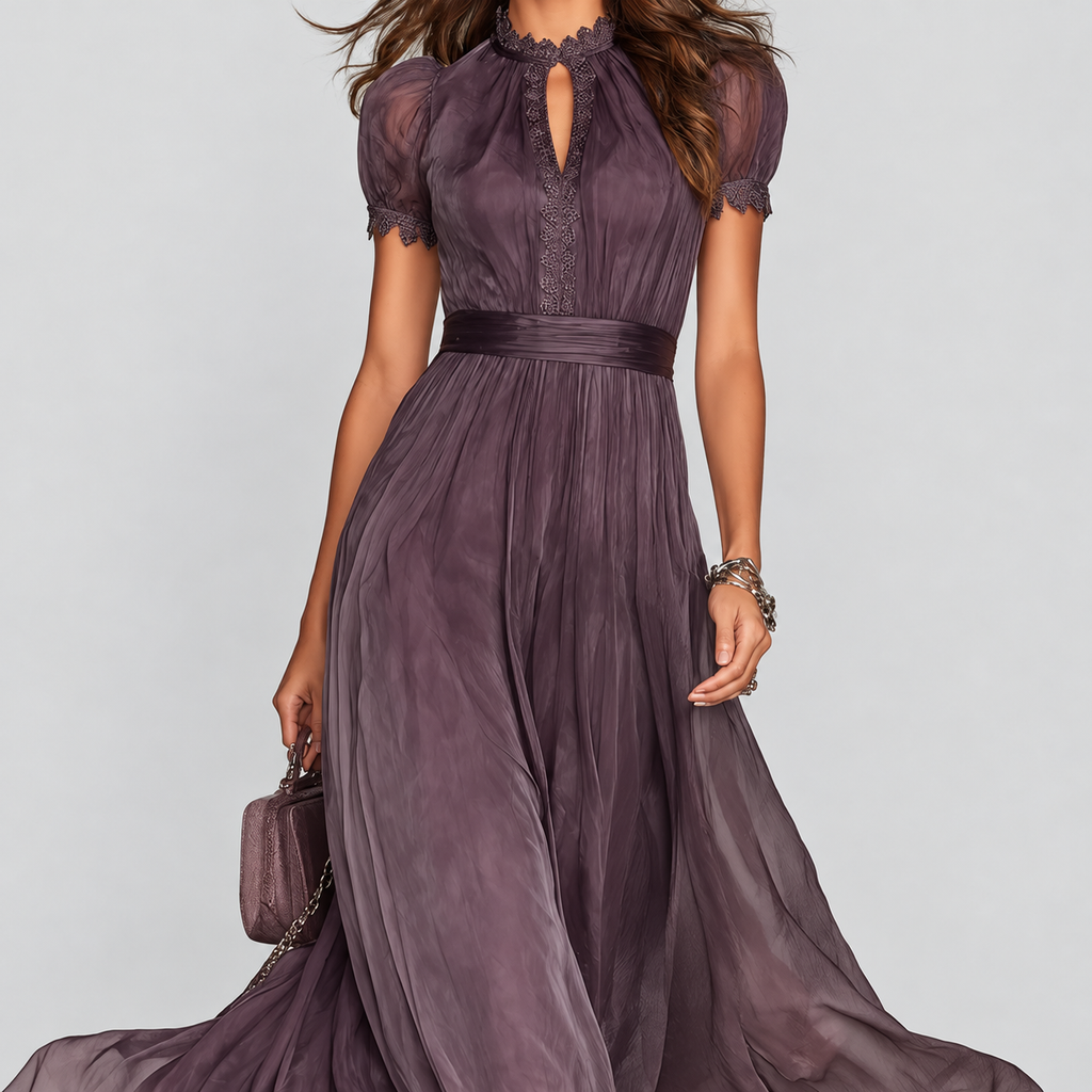 Women's Long Purple Dress with Keyhole Neckline and Lace Trim — view 4