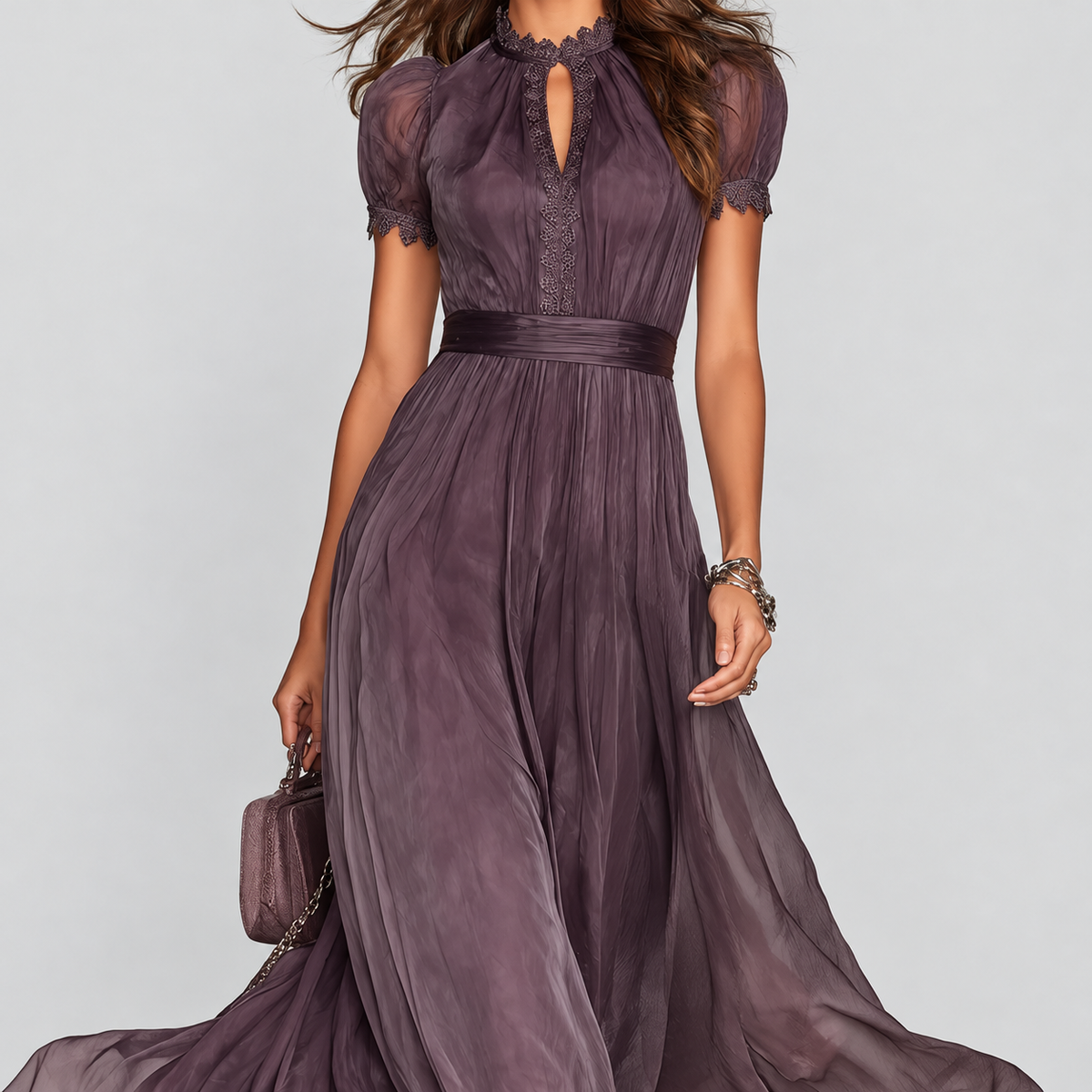 Women's Long Purple Dress with Keyhole Neckline and Lace Trim — view 4