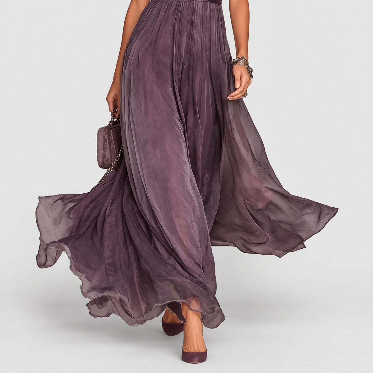 Women's Long Purple Dress with Keyhole Neckline and Lace Trim — view 5