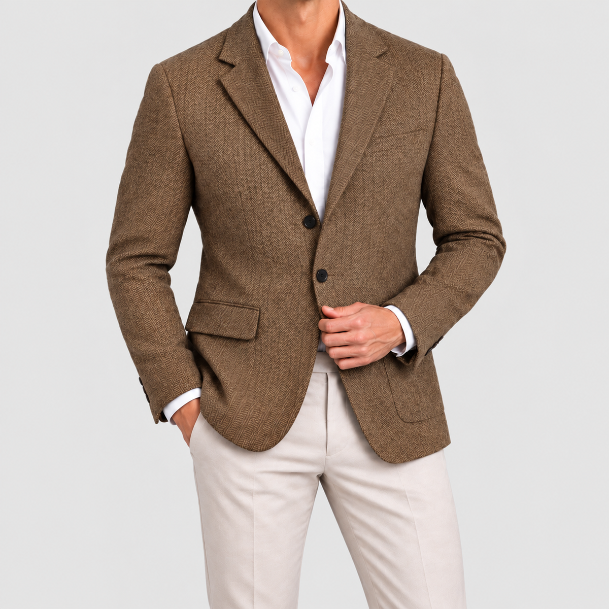 Men's Herringbone Blazer with Notch Lapels in Brown — view 1