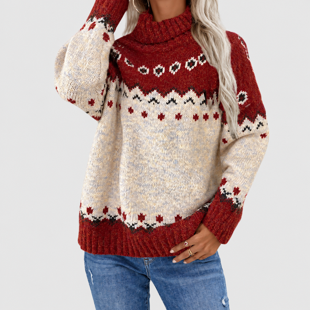 Women's Fair Isle Pattern Roll-Neck Jumper in Red — view 1