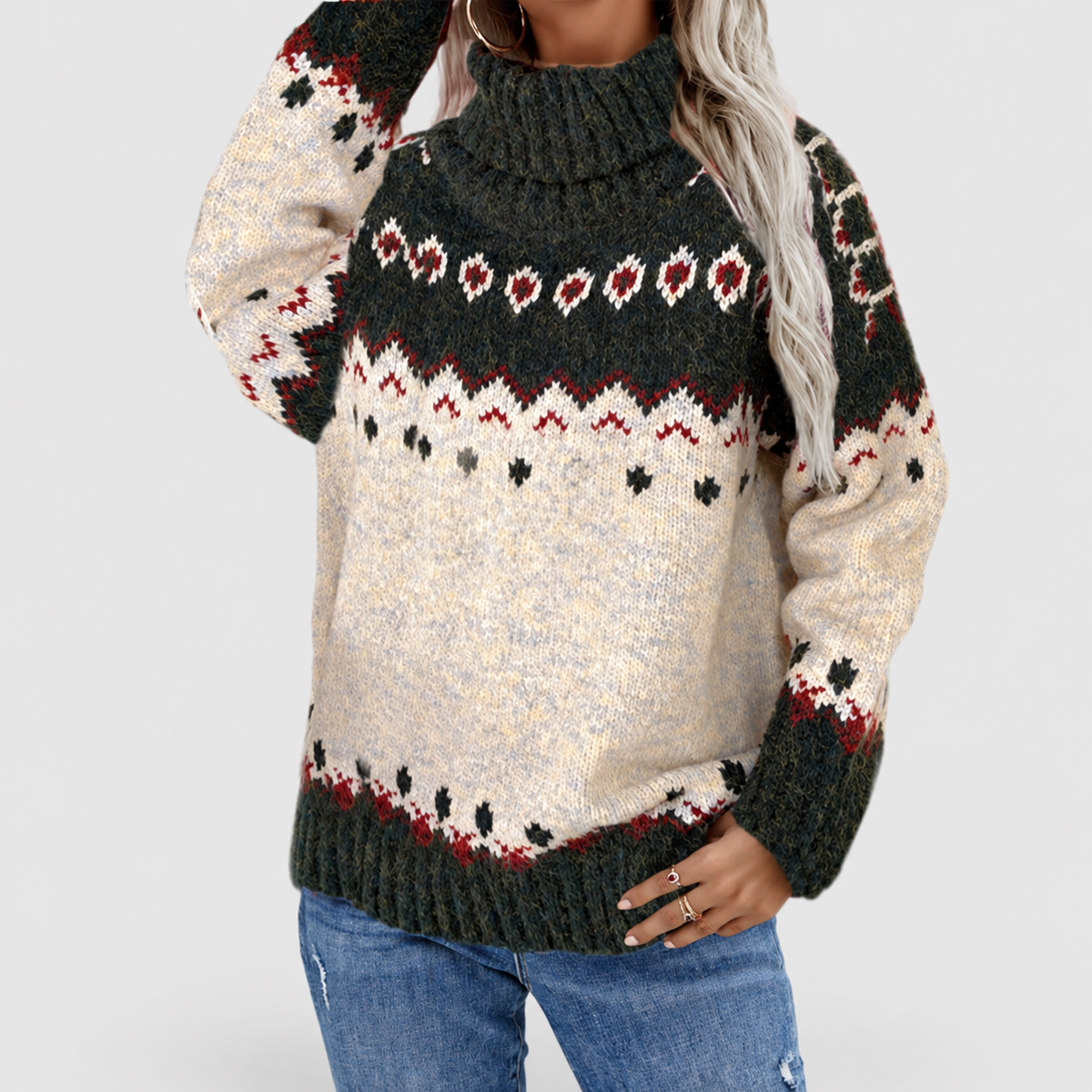 Women's Fair Isle Pattern Roll-Neck Jumper in Green — view 2