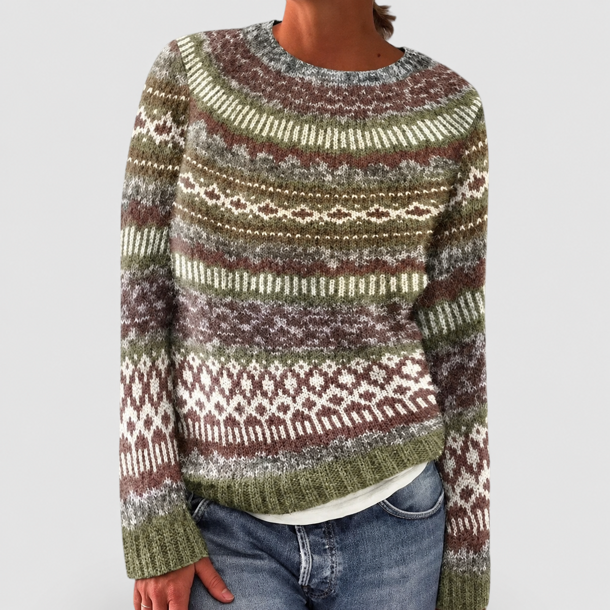 Women's Fair Isle Pattern Crew-Neck Jumper in Green — view 1