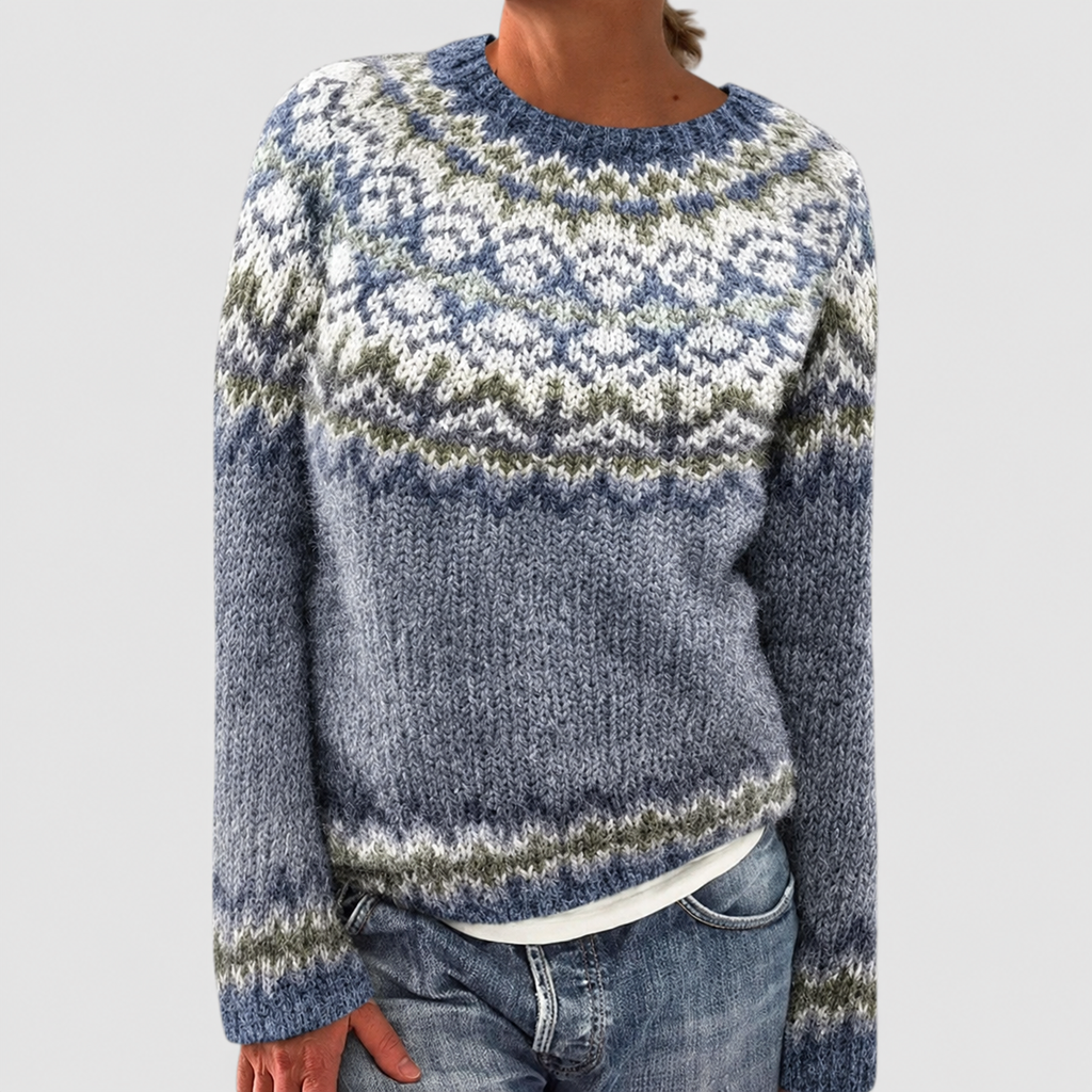 Women's Fair Isle Pattern Crew-Neck Jumper in Dark Blue — view 2