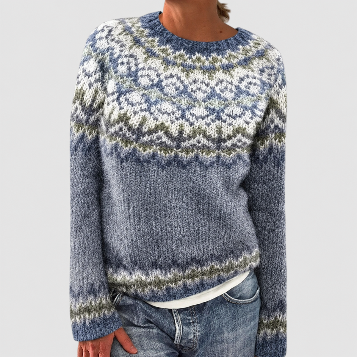 Women's Fair Isle Pattern Crew-Neck Jumper in Dark Blue — view 2