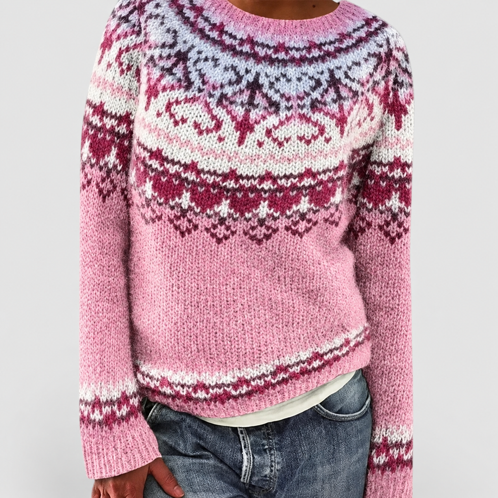 Women's Fair Isle Pattern Crew-Neck Jumper in Pink — view 3