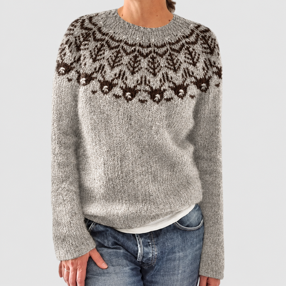 Women's Fair Isle Pattern Crew-Neck Jumper in Grey — view 4