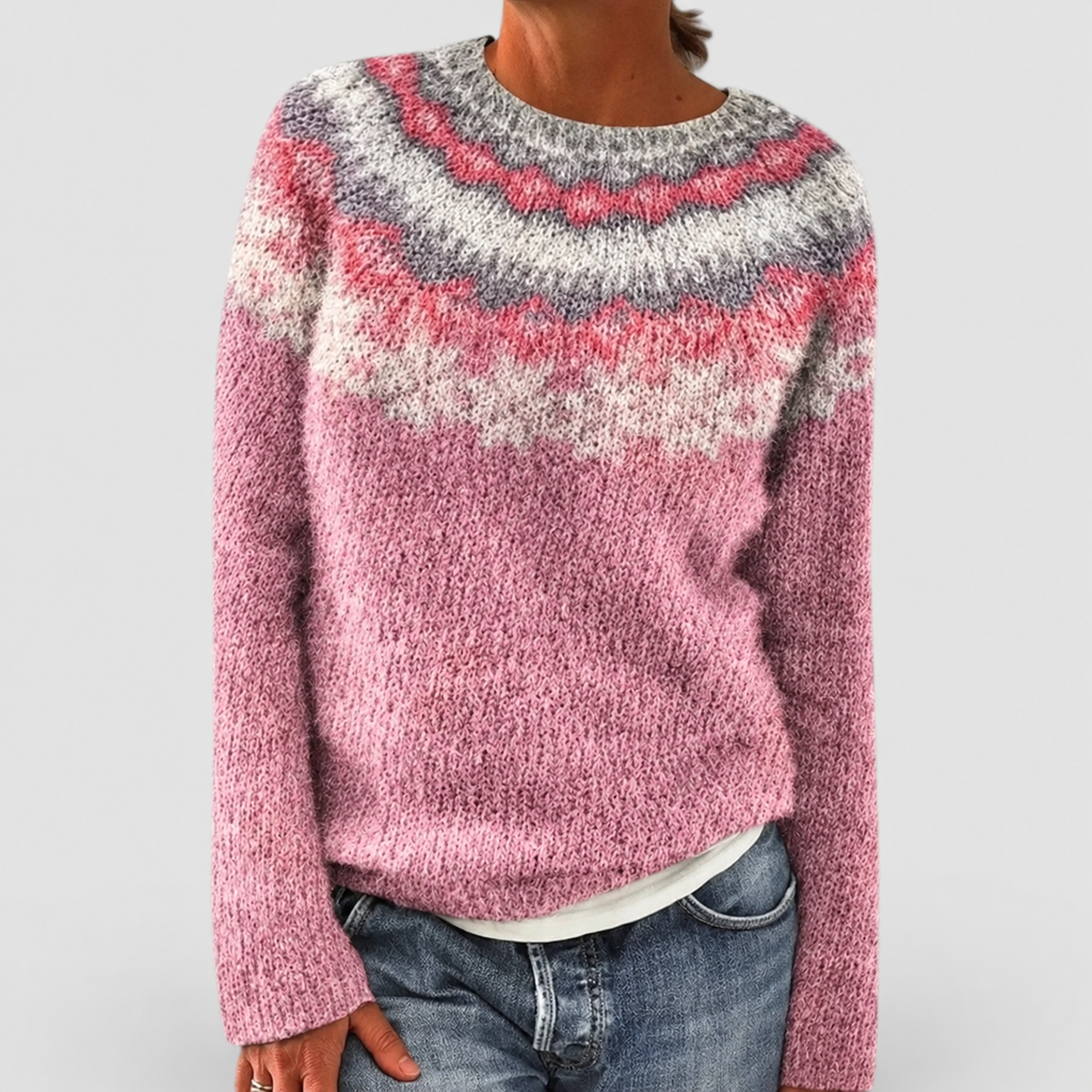 Women's Fair Isle Pattern Crew-Neck Jumper in Pink 2 — view 6