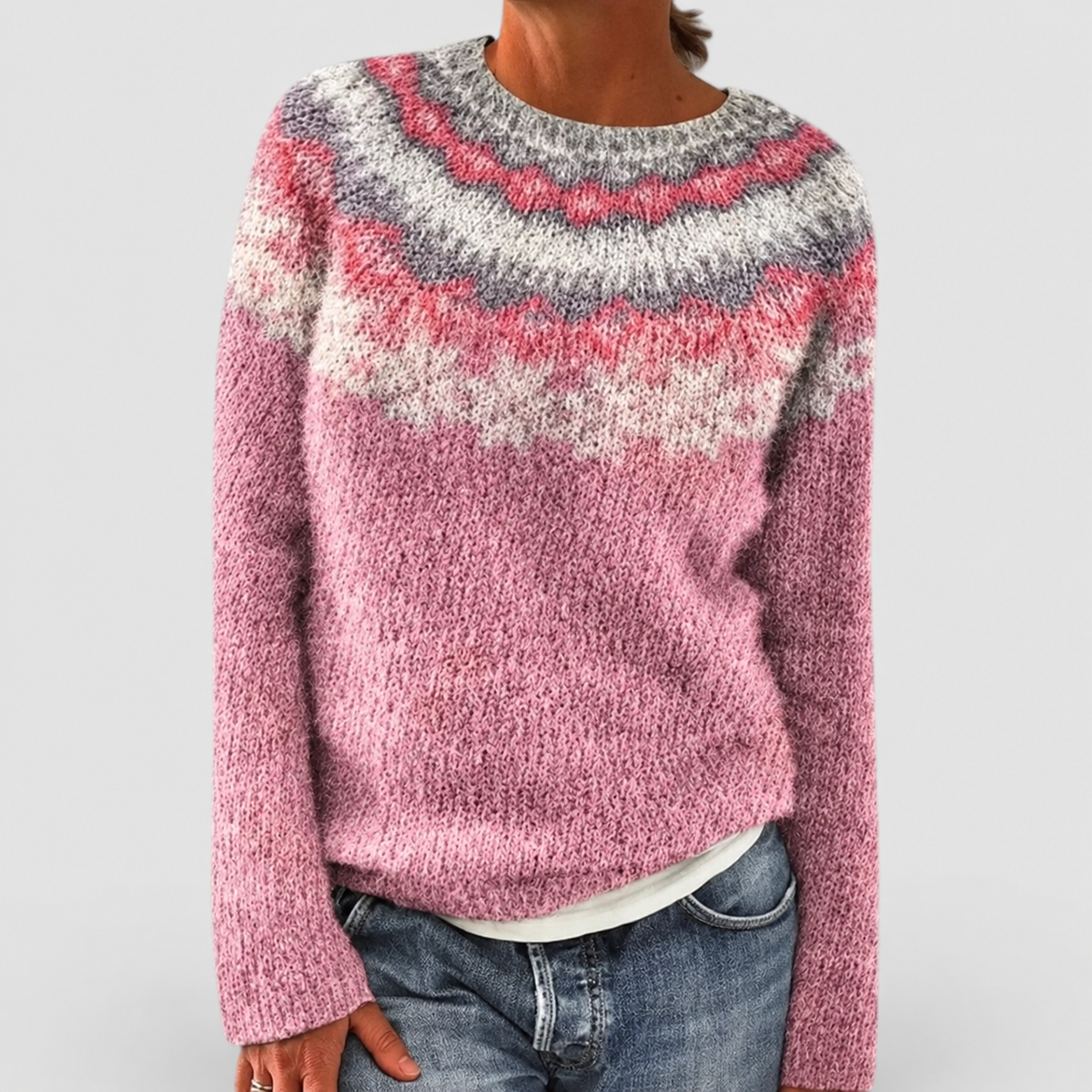 Women's Fair Isle Pattern Crew-Neck Jumper in Pink 2 — view 6
