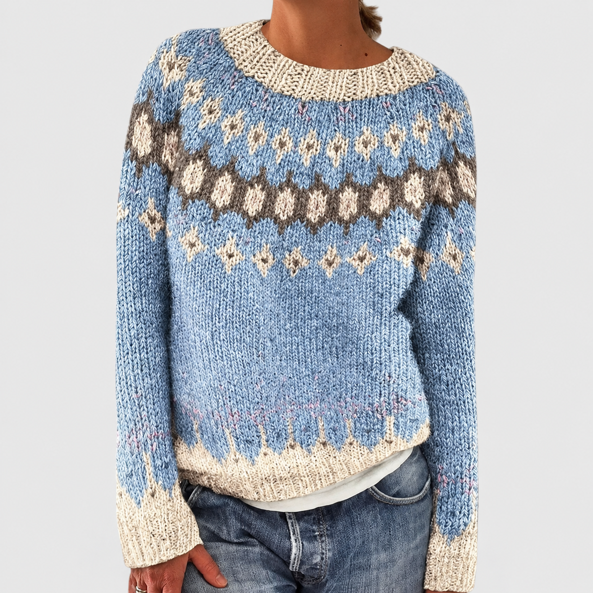 Women's Fair Isle Pattern Crew-Neck Jumper in Light Blue — view 9
