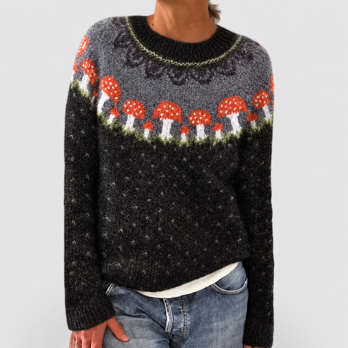 Women's Fair Isle Pattern Crew-Neck Jumper in Black — view 10