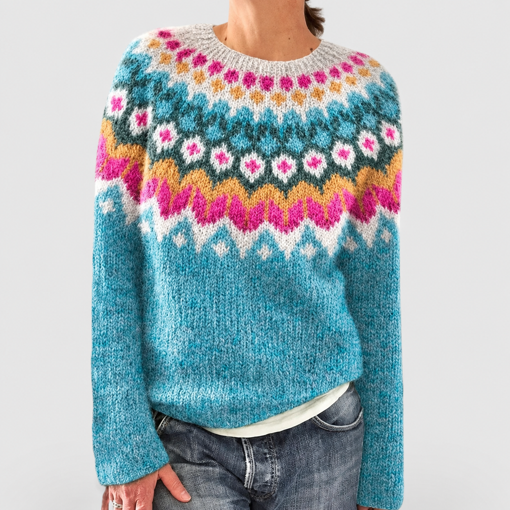 Women's Fair Isle Pattern Crew-Neck Jumper in Ocean Blue — view 11