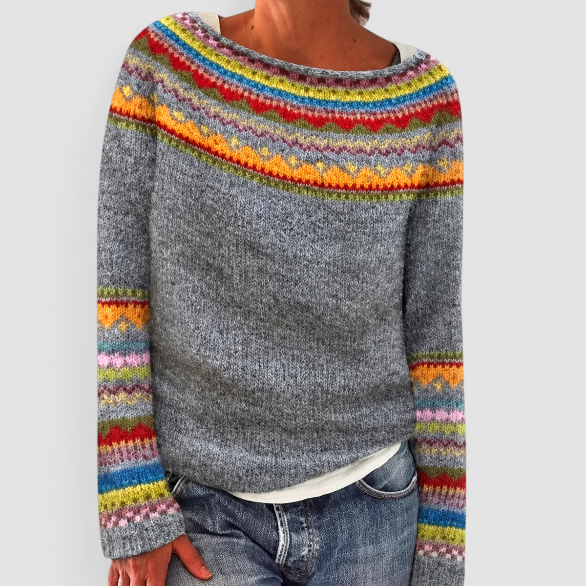 Women's Fair Isle Pattern Crew-Neck Jumper in Grey 3 — view 12