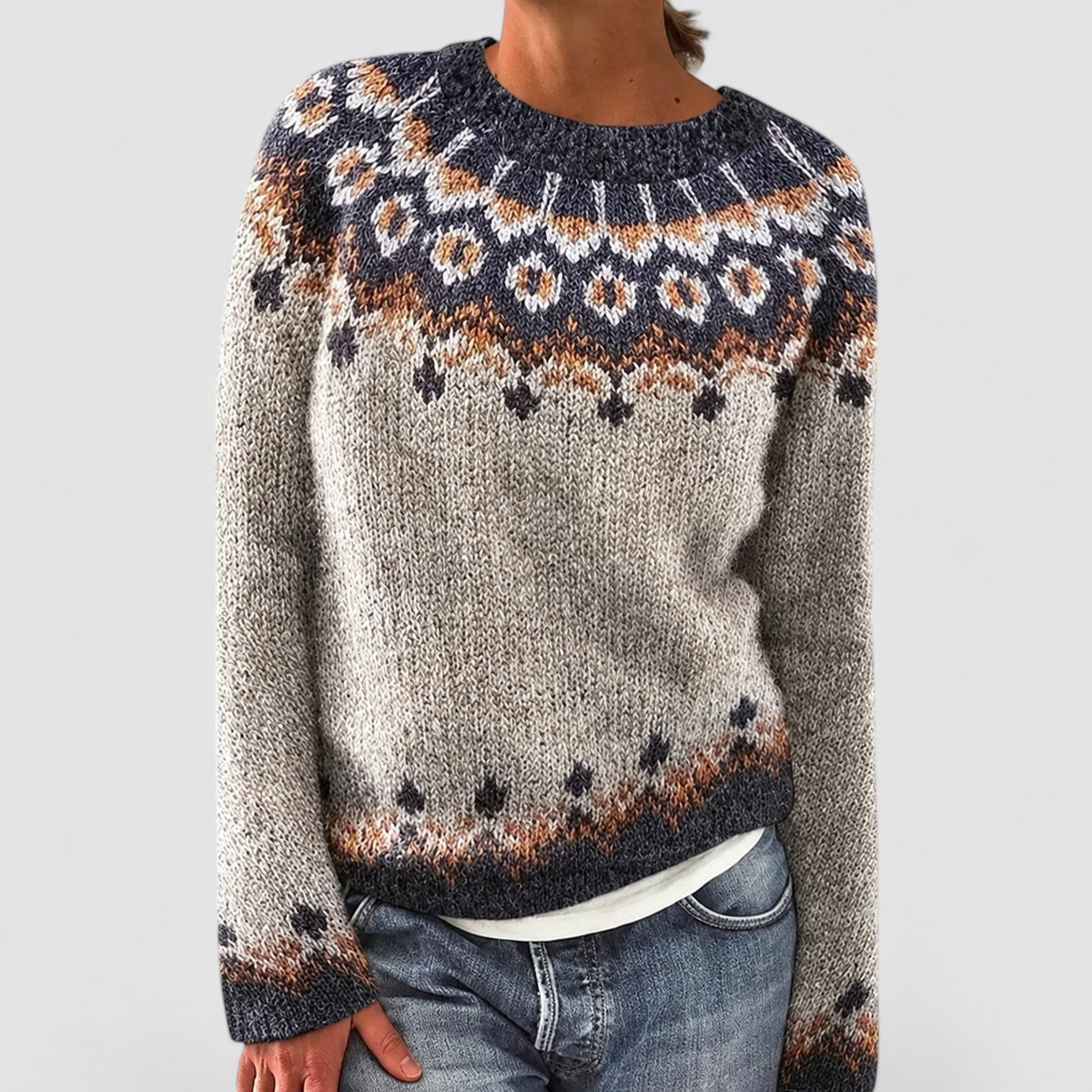 Women's Fair Isle Pattern Crew-Neck Jumper in Dark Grey — view 13